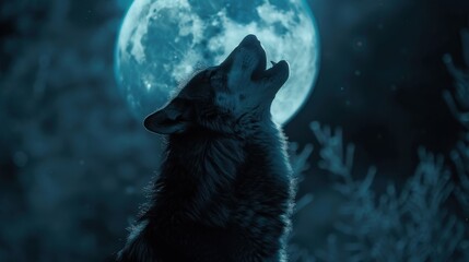 A lone wolf howling at the full moon in a dark forest, symbolizing mystery, nature, and wilderness. Perfect for wildlife themes.