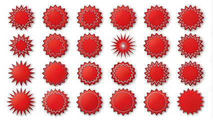 Set of red starburst. Price sticker, sale sticker, price tag, starburst, quality mark, retro stars, sale or discount sticker, sunburst badges, sun ray frames, promotional badge set, shopping labels