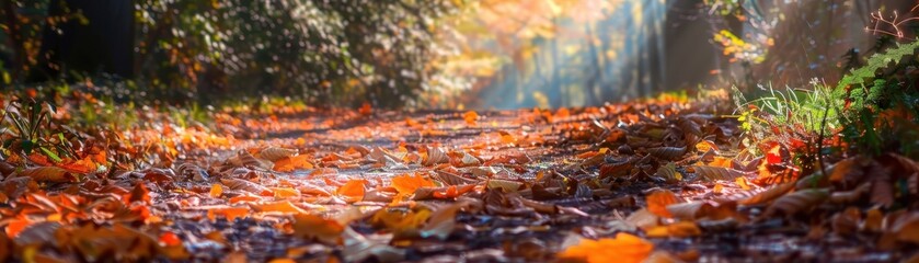 Autumn leaves on ground, vibrant colors, serene path, seasonal beauty, focus on, copy space, rich hues, Double exposure silhouette with forest floor