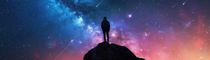 A silhouetted figure stands on a rock against a vibrant, star-filled night sky, evoking feelings of wonder and exploration.