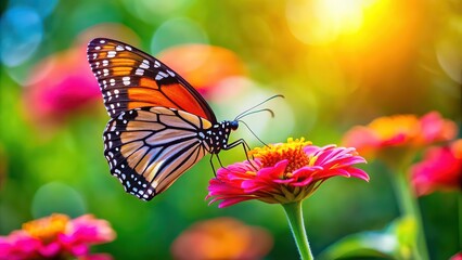 Fototapeta premium Butterfly perched delicately on a vibrant flower, nature, insects, wildlife, garden, beauty, colorful, pollination, macro