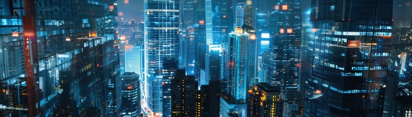 A stunning aerial view of a modern cityscape at night, with illuminated skyscrapers and bustling streets, embodying urbanization and technology.