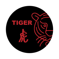 Chinese zodiac signs, horoscope icons set. Animal symbol, tiger. Twelve animal avatars. With Chinese writing.