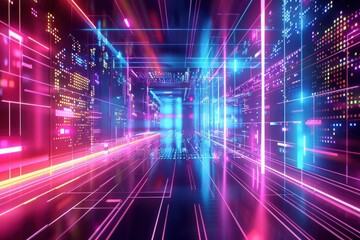 Obraz premium Futuristic neon cyberspace tunnel with glowing lights. Concept of virtual reality, digital world, and metaverse.