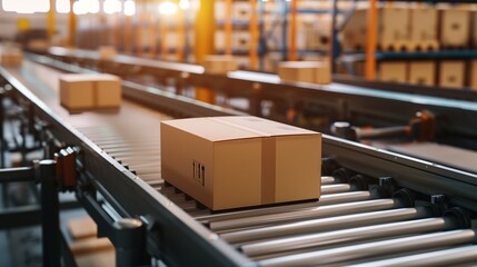 Cardboard Parcel Moving Along Automated Roller Conveyor Inside High-Volume Warehouse with Sunlit Industrial Storage Rows