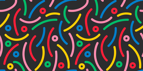 Obraz premium Colorful line doodle seamless pattern. Creative minimalist style art background, trendy design with basic shapes. Modern abstract color backdrop. Vector stock background