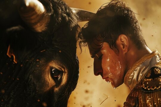 Bullfighter is sweating and facing a bull in a dramatic closeup during a corrida