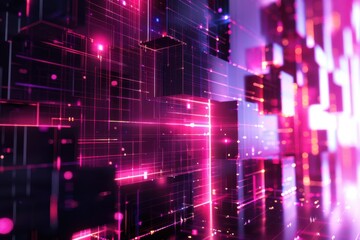 Fototapeta premium Abstract 3D illustration of glowing neon cubes and gridlines in cyberspace. Concept of technology, network, internet, metaverse and digital world