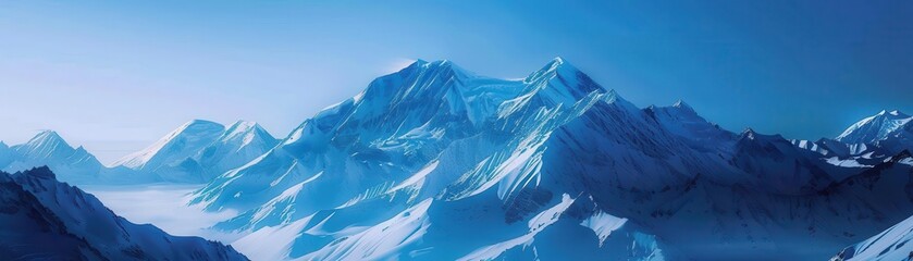 Fototapeta premium Breathtaking panoramic view of snow-covered mountain range under a clear blue sky, showcasing serene and majestic natural beauty.