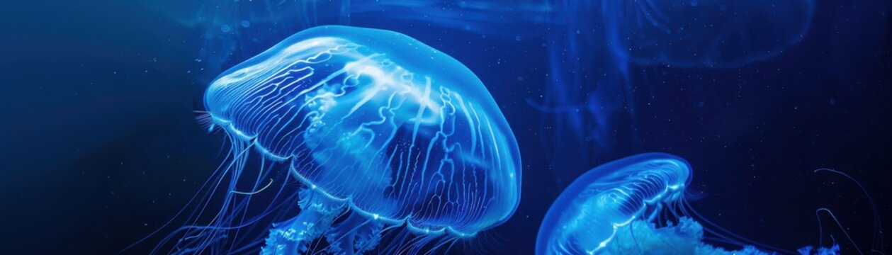 Blue glowing jellyfish floating in the dark ocean water, beautifully illuminating the underwater scene with their luminiscence.