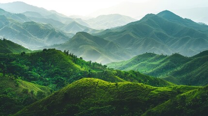 Breathtaking view of lush green mountains shrouded in mist, showcasing nature's serene beauty with rolling hills and vibrant landscape.