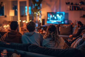 A lively scene of people watching election results on television, filled with anticipation