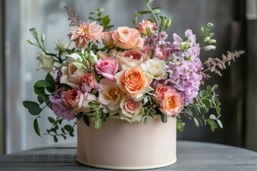Overflowing round pink box with delicate bouquet of colorful flowers standing on wooden table