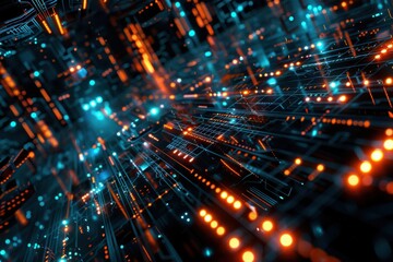 Futuristic Circuit Board With Glowing Lights. Technology, AI, and Digital Network Concept
