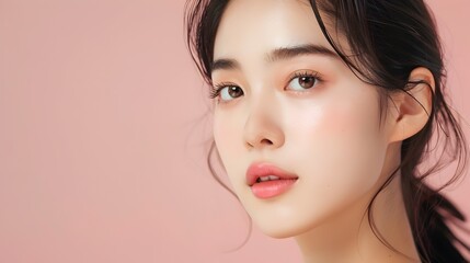 Fototapeta premium Radiant Asian Beauty in Minimalist Pink Studio Portrait