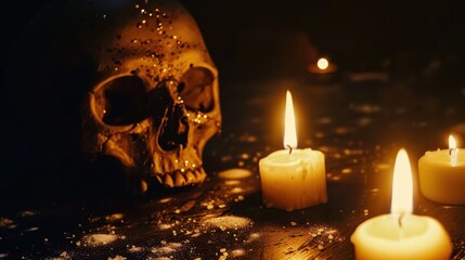 Close-up of a skull with burning candles in a dark, eerie setting, creating a mysterious and haunting ambiance.