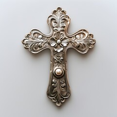 Ornate Silver Cross with Floral Engravings and Pearl Centerpiece on White Background
