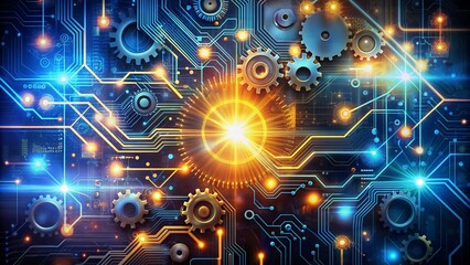 Obraz premium Futuristic abstract digital background withircuit boards, wires, gears, and glowing lights symbolizing innovation, disruption, and technological advancement.