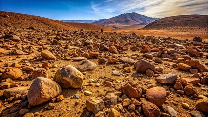 Rugged brown rocky terrain with scattered stones and boulders set against a backdrop of earthy, coarse stony soil texture.
