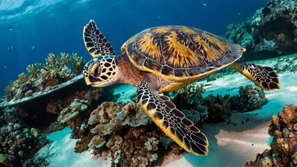 Obraz premium Hawksbill Turtle - Eretmochelys imbricata floating underwater.