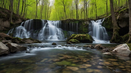 Obraz premium Long exposure of the waterfalls in spring time with trees in the background, portrait format.