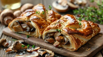 Sliced wild mushrooms peeking out from underneath a flaky pastry crust tempting you with their natural rustic beauty.