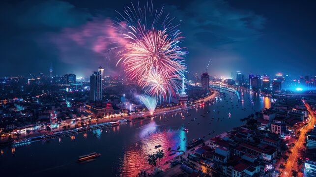An aerial view of a colorful fireworks display lighting up the night sky over a city
