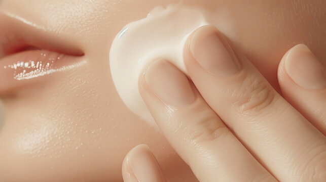Close-up of hand applying creamy skincare product on smooth skin, emphasizing skincare routine and product application.