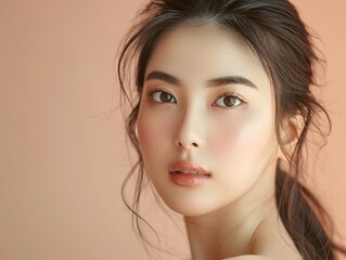 Naklejka premium Serene Asian Beauty with Glowing Skin and Elegant Styling