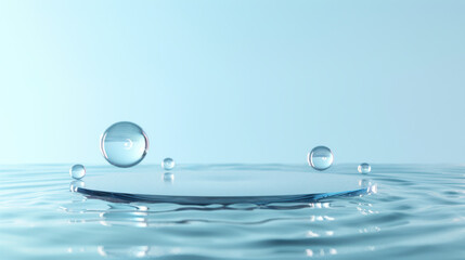 a circular platform on a rippling water surface, transparent floating spheres, central perspective, light blue gradient background