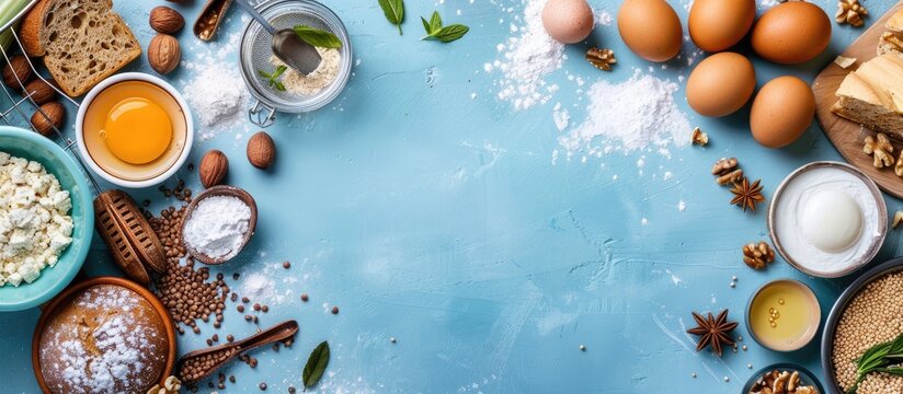 Ingredients for healthy baking on a blue table background with bakery theme frame viewed from the top.