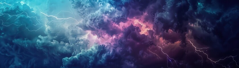 Obraz premium Dramatic stormy sky with colorful lightning, showcasing the power and beauty of nature's forces in a vibrant atmospheric scene.
