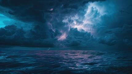 Fototapeta premium Dramatic stormy seascape with lightning illuminating the dark clouds over the ocean, showcasing the power and beauty of nature.