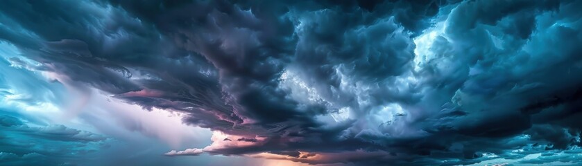 Obraz premium Dramatic stormy sky with dark clouds and a hint of sunlight, evoking a sense of atmosphere and natural beauty.