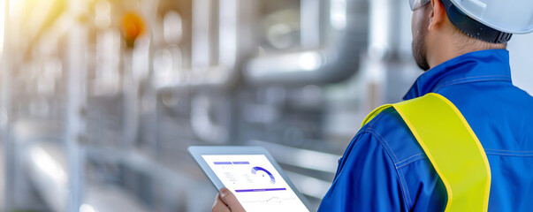 Industrial engineer in blue uniform and yellow vest using digital tablet for monitoring and analysis in modern factory setting.