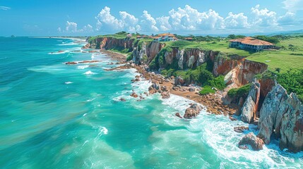 High-angle view of the coastal cliffs and beaches of Pipa in Rio Grande do Norte