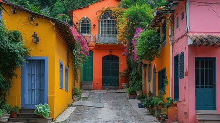Fototapeta premium High-angle view of the colorful houses and narrow streets of the Santa Teresa neighborhood in Rio de Janeiro