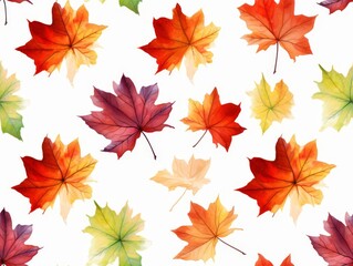 Maple leaves in various colors pattern, seasonal theme, watercolor style, vibrant fall colors, isolated on white background