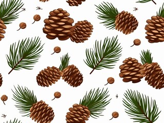 Pine needles and cones pattern, winter theme, cartoon style, greens and browns, isolated on white background