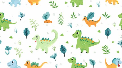Baby dinosaurs and leaves pattern, playful nursery, cartoon illustration, vibrant hues, isolated on white background