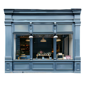 Charming blue storefront of a boutique shop with large windows and stylish interior lighting, offering a welcoming atmosphere.