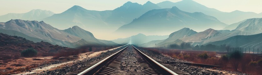 Fototapeta premium Endless railway tracks vanishing into a misty mountain range, capturing a serene and mysterious landscape in the early morning light.