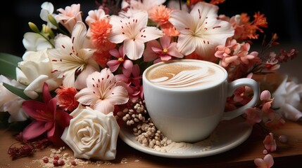 cup of coffee with flowers HD 8K wallpaper Stock Photographic image