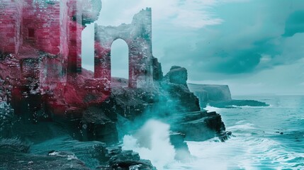 Castle by the sea, rugged cliffs, crashing waves, historic charm, close up, copy space, vivid colors, Double exposure silhouette with ocean backdrop