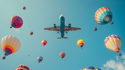 Fototapeta premium Colorful Air Balloon Festival with Airplane Flying Overhead in Clear Blue Sky