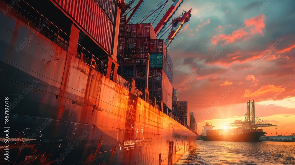 Wall mural Cargo Ship at Sunset in a Port