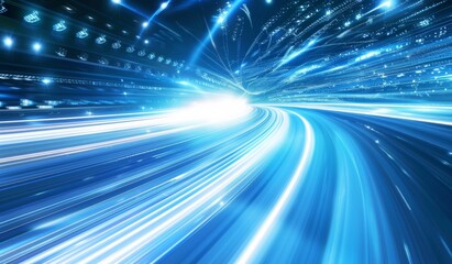 Blue Glowing Background with Speed Lines and Light Streaks, Technology and Data Transfer Concept