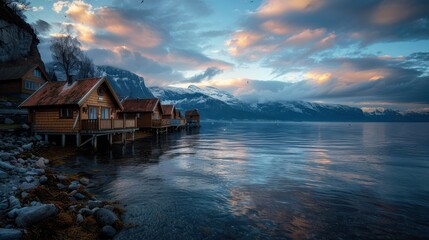 Cozy Wooden Cabins on a Serene Lake with Snow-Capped Mountains and Dramatic Sky at Sunset