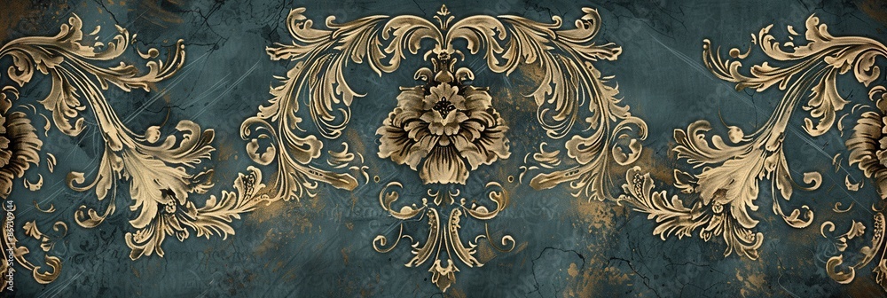 Poster A vintage wallpaper pattern with ornate gold floral designs on a blue background. Generative AI