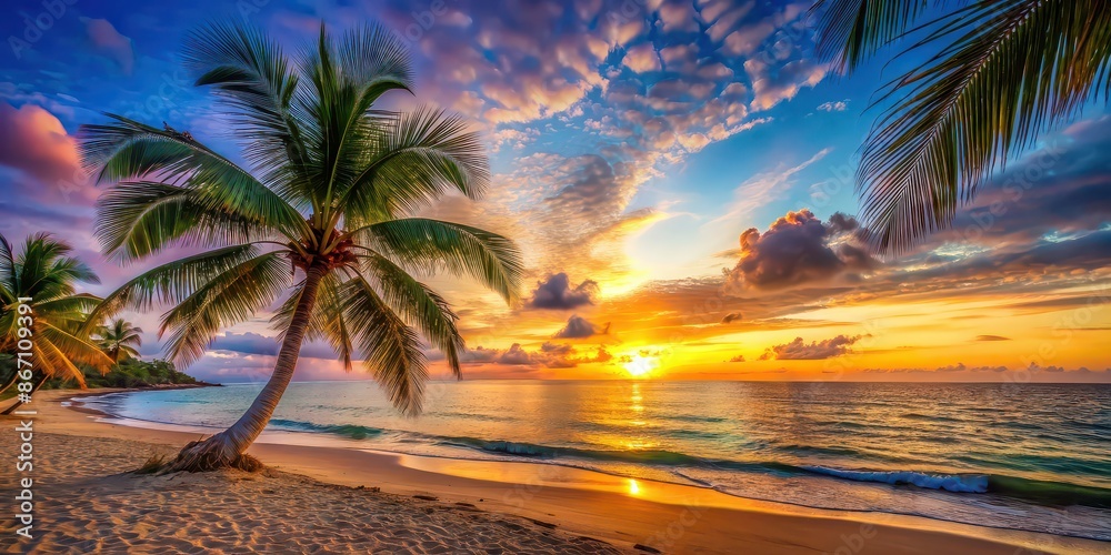 Wall mural Vibrant sunset on a sandy beach with palm trees and calm ocean , sunset, beach, tropical, horizon, dusk, tranquil, serene - Wall murals